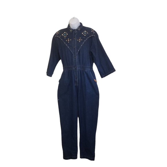 Dreams Vintage Women's Jumpsuit Size L Denim Studded Snap Elastic Playsuit Rompe - Picture 3 of 16